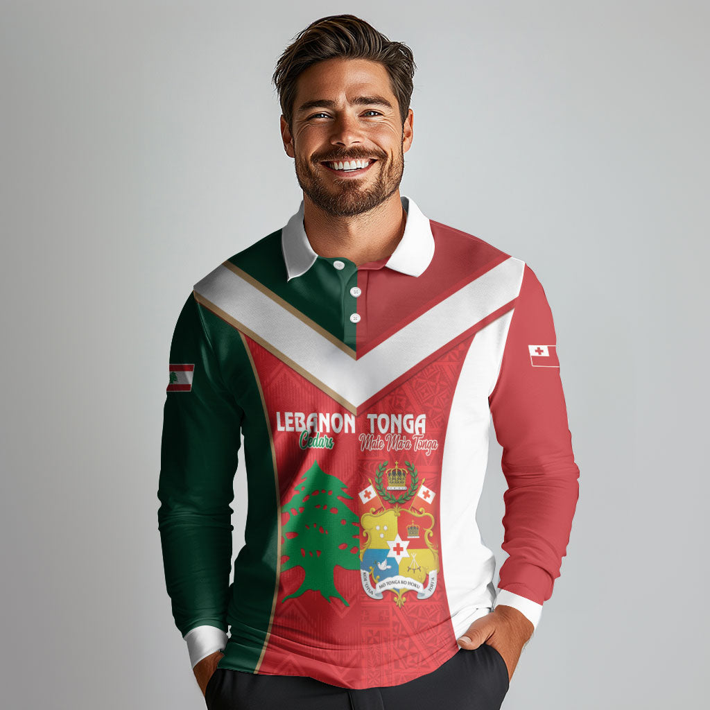 Custom Rugby Tonga and Lebanon Long Sleeve Polo Shirt Mate Maa Tonga Cedars Together LT14 - Polynesian Pride