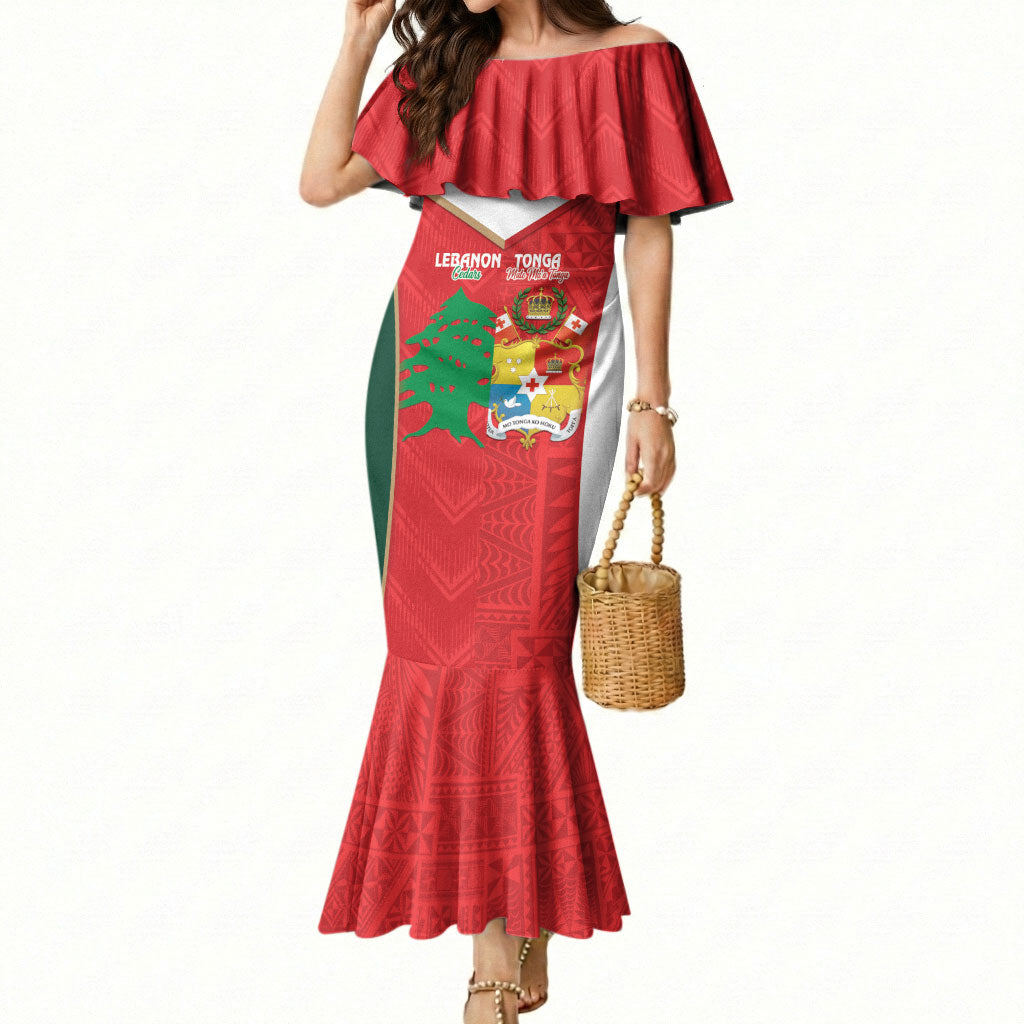 Custom Rugby Tonga and Lebanon Mermaid Dress Mate Maa Tonga Cedars Together LT14 Women Multicolor - Polynesian Pride