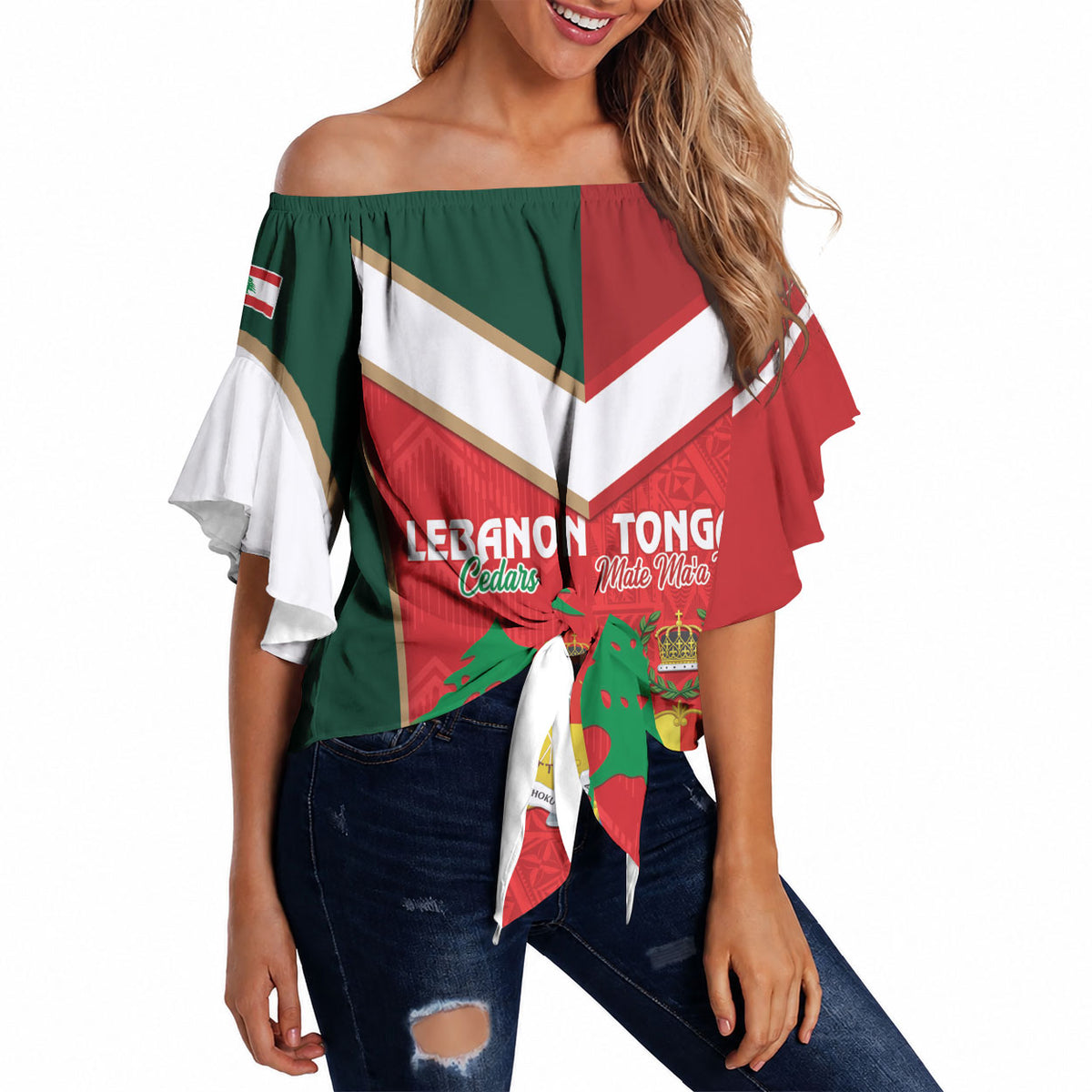 Custom Rugby Tonga and Lebanon Off Shoulder Wrap Waist Top Mate Maa Tonga Cedars Together LT14 Multicolor - Polynesian Pride