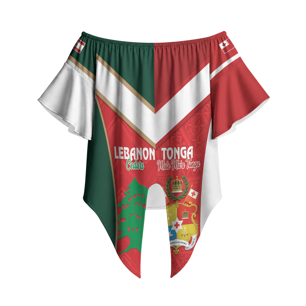 Custom Rugby Tonga and Lebanon Off Shoulder Wrap Waist Top Mate Maa Tonga Cedars Together LT14 - Polynesian Pride