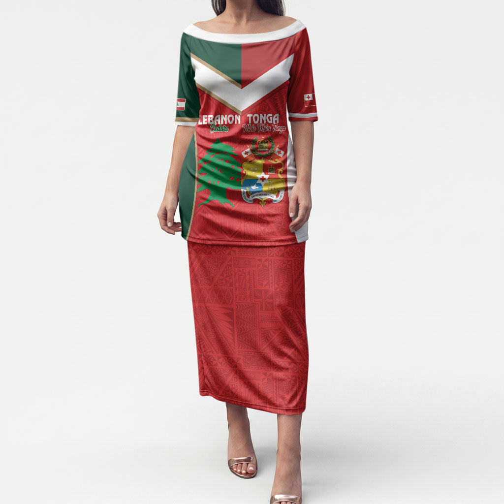 Custom Rugby Tonga and Lebanon Puletasi Mate Maa Tonga Cedars Together LT14 Long Dress Multicolor - Polynesian Pride