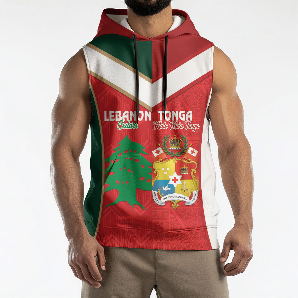 Custom Rugby Tonga and Lebanon Sleeveless Hoodie Mate Maa Tonga Cedars Together LT14 - Polynesian Pride