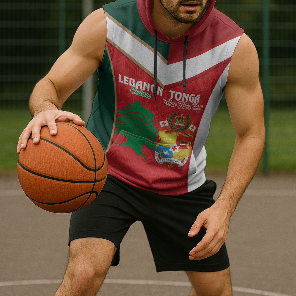 Custom Rugby Tonga and Lebanon Sleeveless Hoodie Mate Maa Tonga Cedars Together LT14 - Polynesian Pride