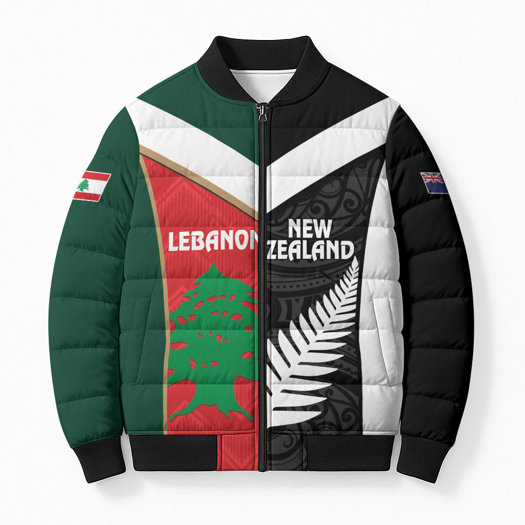 Custom Rugby New Zealand and Lebanon Bomber Puffer Jacket All Black Cedars Together LT14 Unisex Multicolor - Polynesian Pride