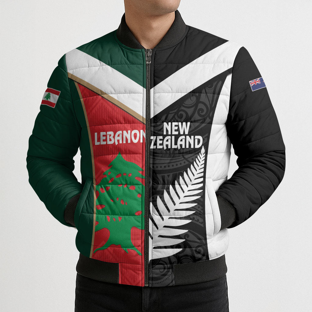 Custom Rugby New Zealand and Lebanon Bomber Puffer Jacket All Black Cedars Together LT14 - Polynesian Pride
