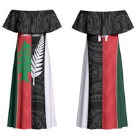 Custom Rugby New Zealand and Lebanon Couples Matching Off Shoulder Maxi Dress and Long Sleeve Button Shirt All Black Cedars Together LT14 - Polynesian Pride