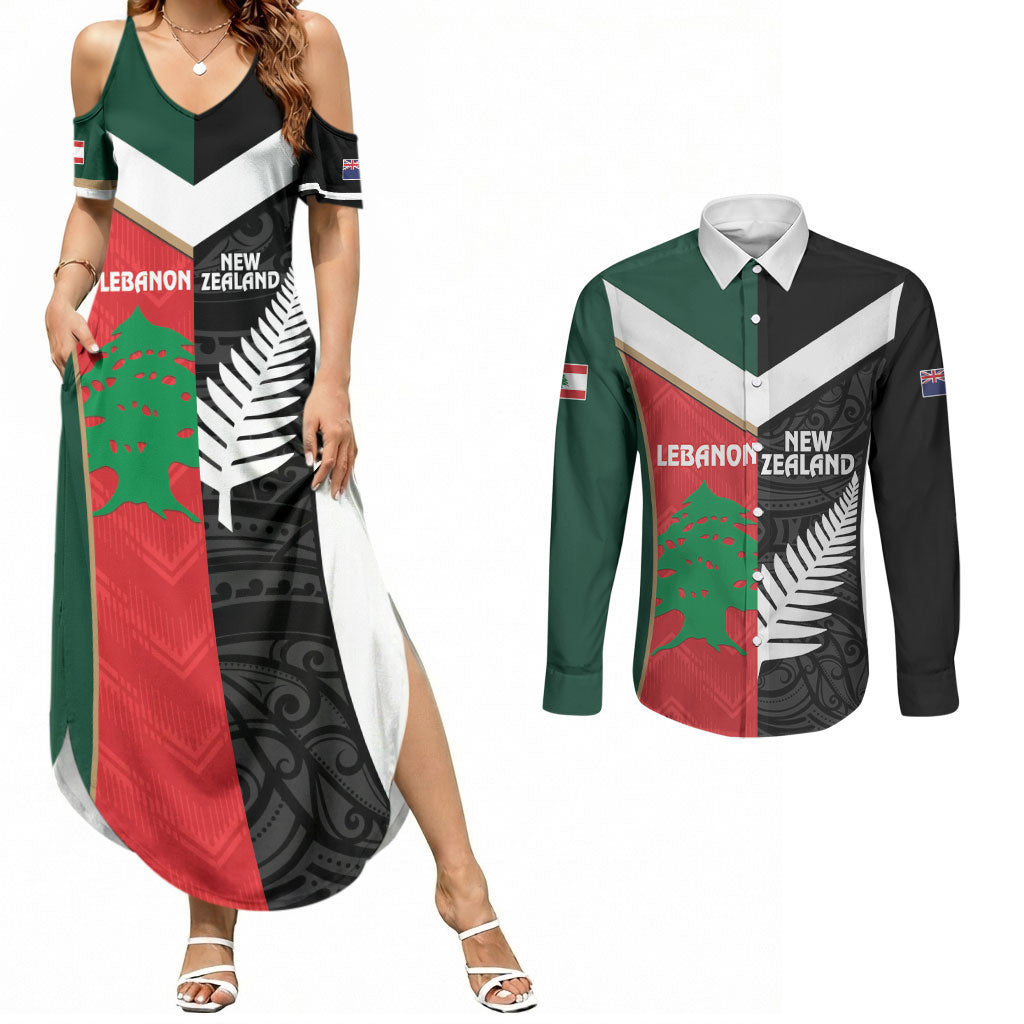 Custom Rugby New Zealand and Lebanon Couples Matching Summer Maxi Dress and Long Sleeve Button Shirt All Black Cedars Together LT14 Multicolor - Polynesian Pride