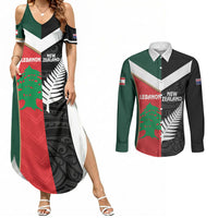Custom Rugby New Zealand and Lebanon Couples Matching Summer Maxi Dress and Long Sleeve Button Shirt All Black Cedars Together LT14 Multicolor - Polynesian Pride