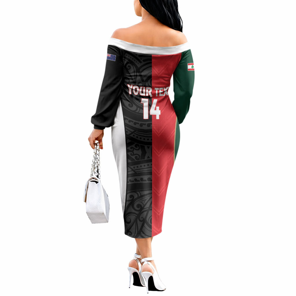 Custom Rugby New Zealand and Lebanon Off The Shoulder Long Sleeve Dress All Black Cedars Together LT14 - Polynesian Pride