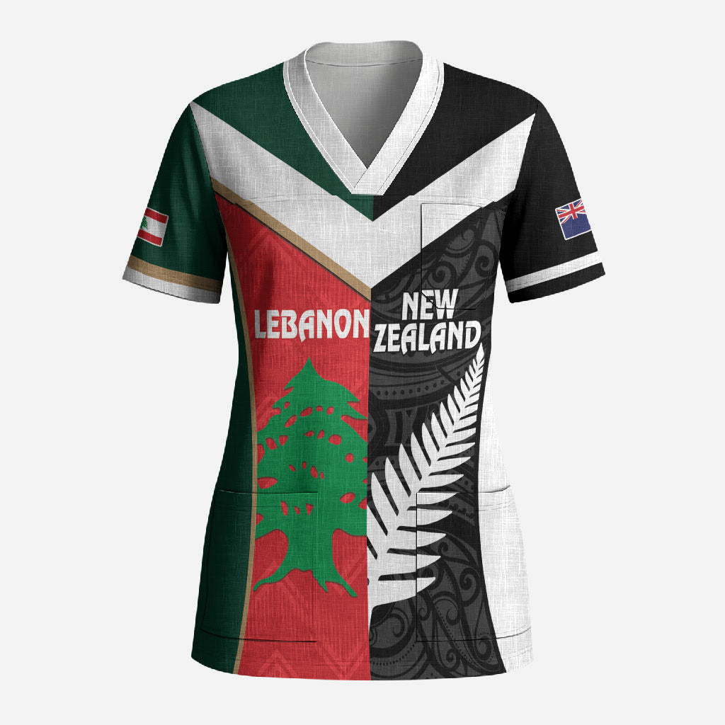 Custom Rugby New Zealand and Lebanon Scrub Top All Black Cedars Together LT14 Adult Multicolor - Polynesian Pride