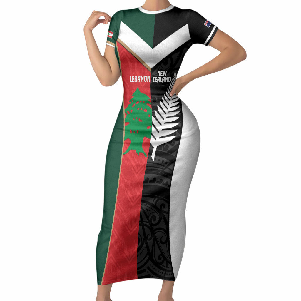 Custom Rugby New Zealand and Lebanon Short Sleeve Bodycon Dress All Black Cedars Together LT14 Long Dress Multicolor - Polynesian Pride