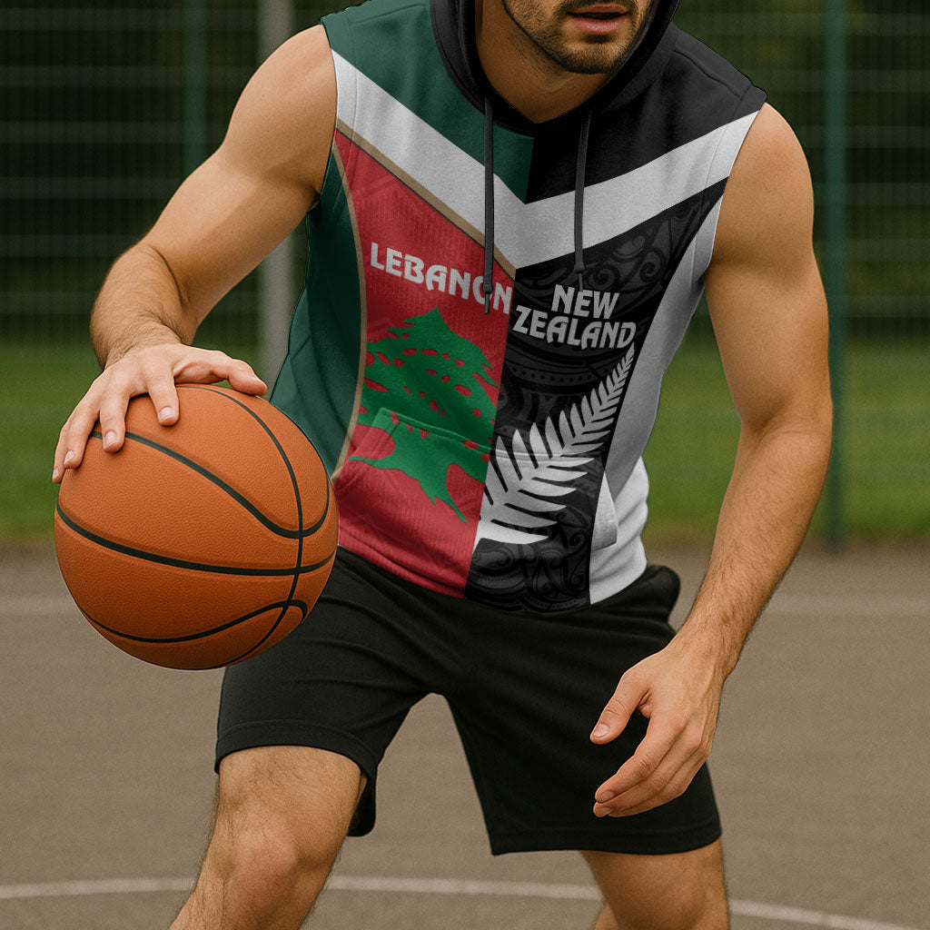Custom Rugby New Zealand and Lebanon Sleeveless Hoodie All Black Cedars Together LT14 - Polynesian Pride