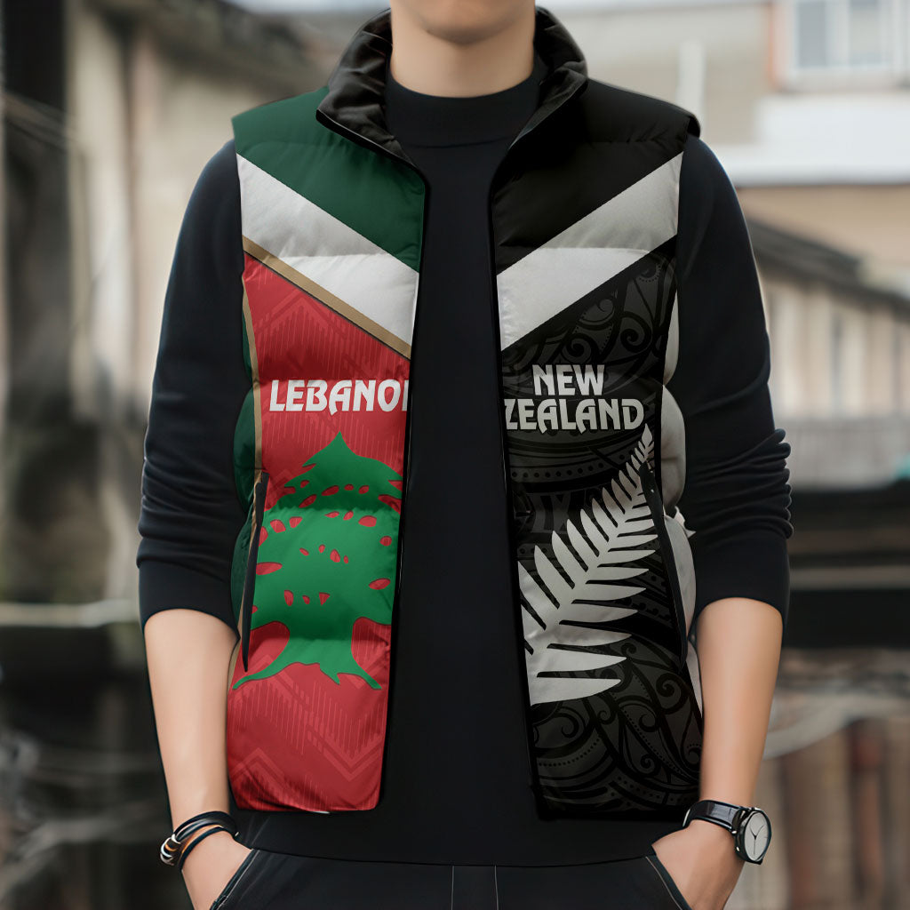 Custom Rugby New Zealand and Lebanon Sleeveless Puffer Jacket All Black Cedars Together LT14 - Polynesian Pride