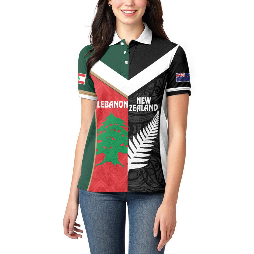 Custom Rugby New Zealand and Lebanon Women Polo Shirt All Black Cedars Together LT14 - Polynesian Pride