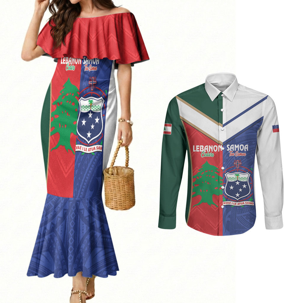 Custom Rugby Samoa and Lebanon Couples Matching Mermaid Dress and Long Sleeve Button Shirt Toa Samoa Cedars Together LT14 Multicolor - Polynesian Pride