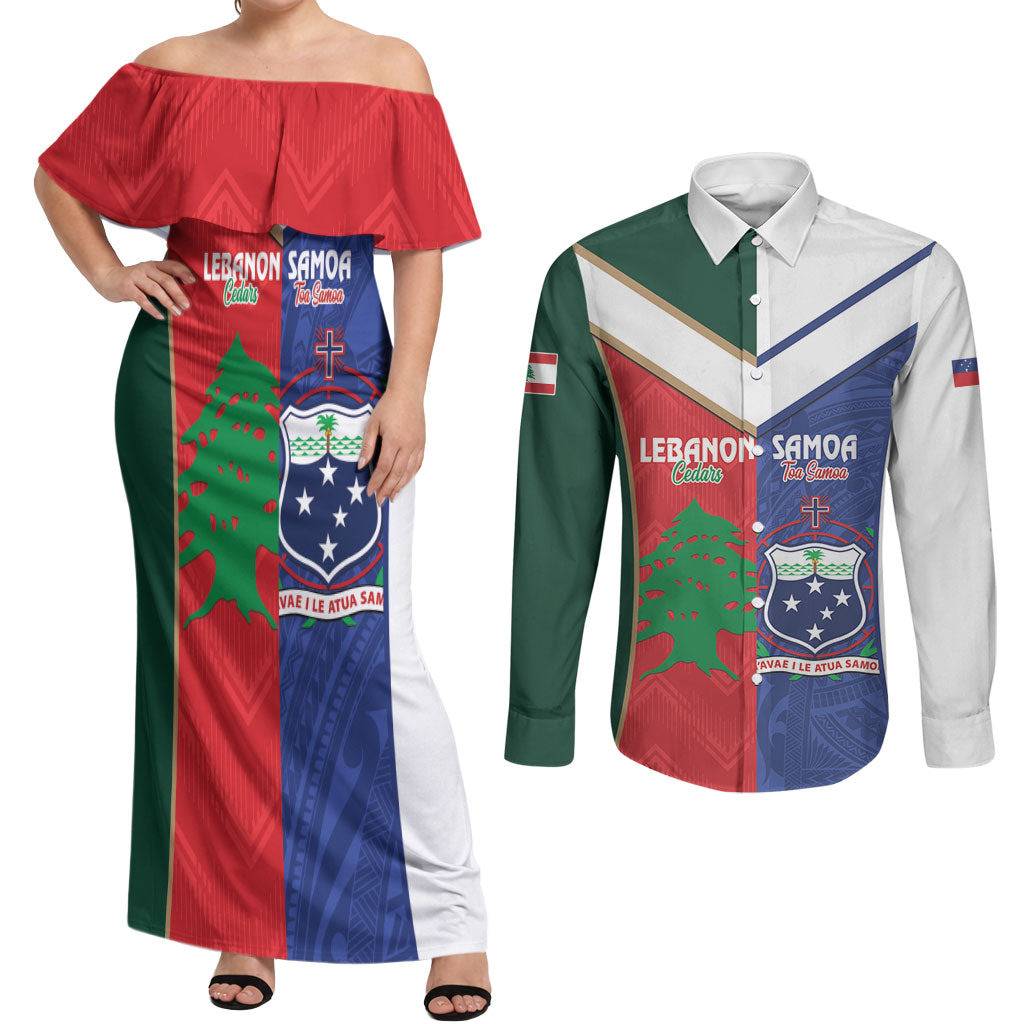 Custom Rugby Samoa and Lebanon Couples Matching Off Shoulder Maxi Dress and Long Sleeve Button Shirt Toa Samoa Cedars Together LT14 Multicolor - Polynesian Pride