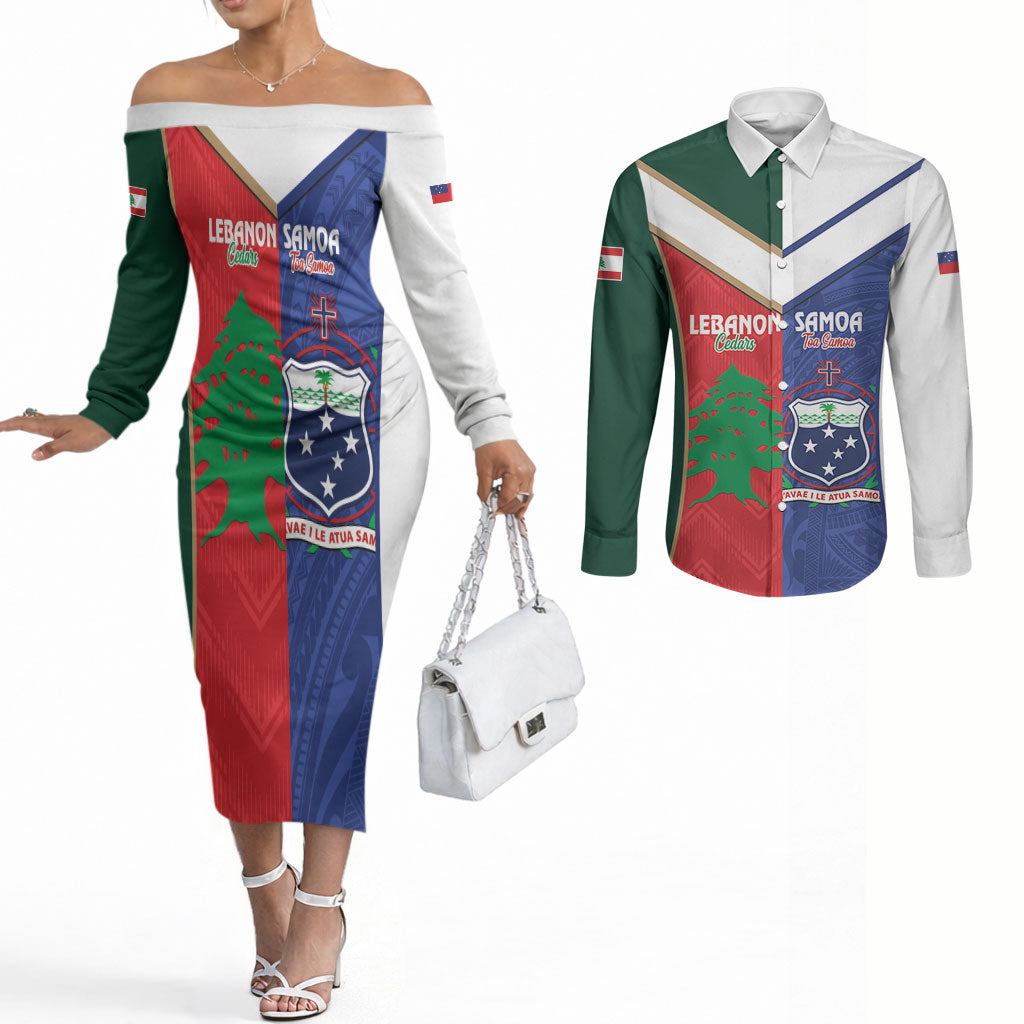 Custom Rugby Samoa and Lebanon Couples Matching Off The Shoulder Long Sleeve Dress and Long Sleeve Button Shirt Toa Samoa Cedars Together LT14 Multicolor - Polynesian Pride
