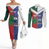 Custom Rugby Samoa and Lebanon Couples Matching Off The Shoulder Long Sleeve Dress and Long Sleeve Button Shirt Toa Samoa Cedars Together LT14 Multicolor - Polynesian Pride