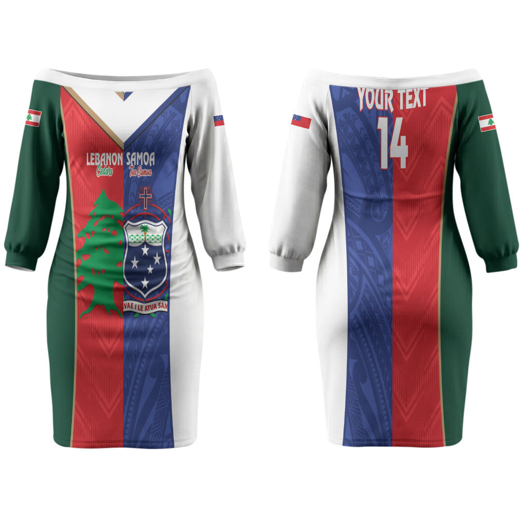 Custom Rugby Samoa and Lebanon Couples Matching Off The Shoulder Long Sleeve Dress and Long Sleeve Button Shirt Toa Samoa Cedars Together LT14 - Polynesian Pride