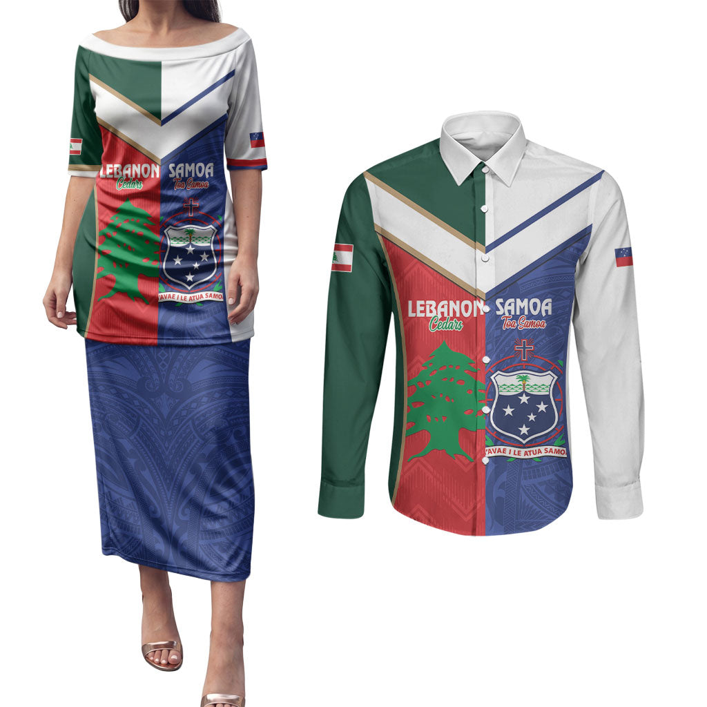 Custom Rugby Samoa and Lebanon Couples Matching Puletasi and Long Sleeve Button Shirt Toa Samoa Cedars Together LT14 Multicolor - Polynesian Pride