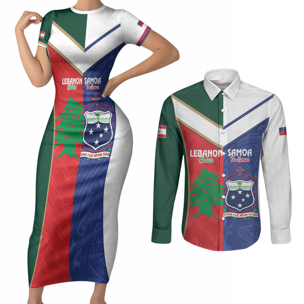 Custom Rugby Samoa and Lebanon Couples Matching Short Sleeve Bodycon Dress and Long Sleeve Button Shirt Toa Samoa Cedars Together LT14 Multicolor - Polynesian Pride
