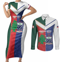 Custom Rugby Samoa and Lebanon Couples Matching Short Sleeve Bodycon Dress and Long Sleeve Button Shirt Toa Samoa Cedars Together LT14 Multicolor - Polynesian Pride
