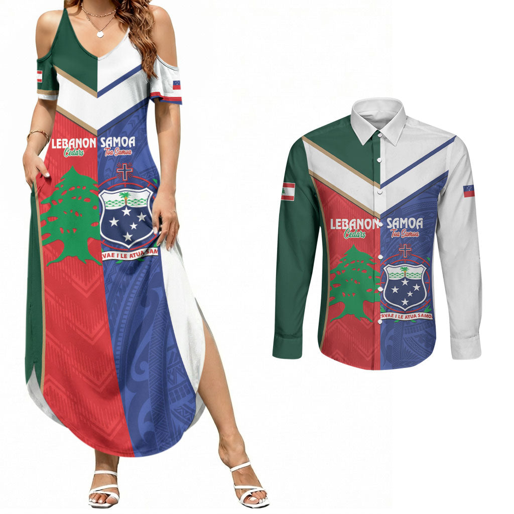 Custom Rugby Samoa and Lebanon Couples Matching Summer Maxi Dress and Long Sleeve Button Shirt Toa Samoa Cedars Together LT14 Multicolor - Polynesian Pride