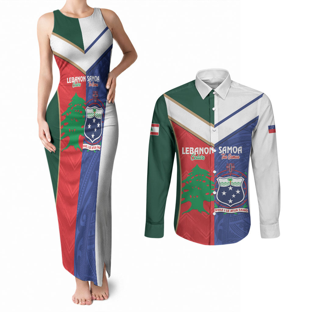 Custom Rugby Samoa and Lebanon Couples Matching Tank Maxi Dress and Long Sleeve Button Shirt Toa Samoa Cedars Together LT14 Multicolor - Polynesian Pride