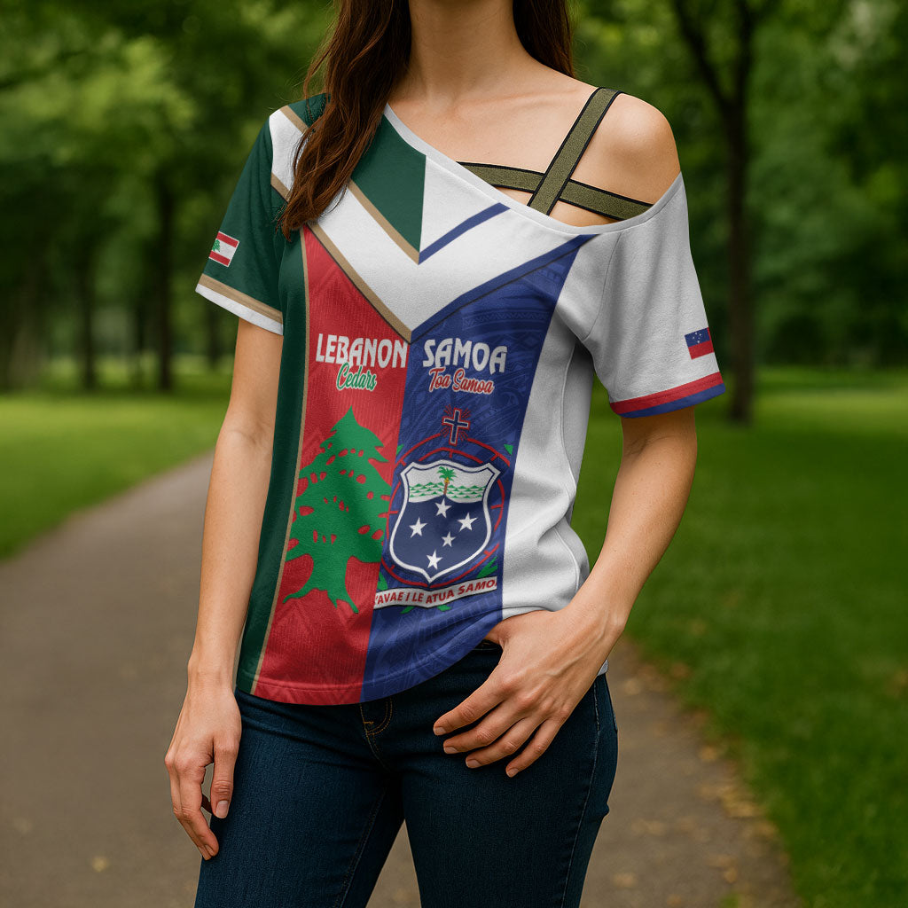 Custom Rugby Samoa and Lebanon Cross Shoulder Shirt Toa Samoa Cedars Together LT14 - Polynesian Pride