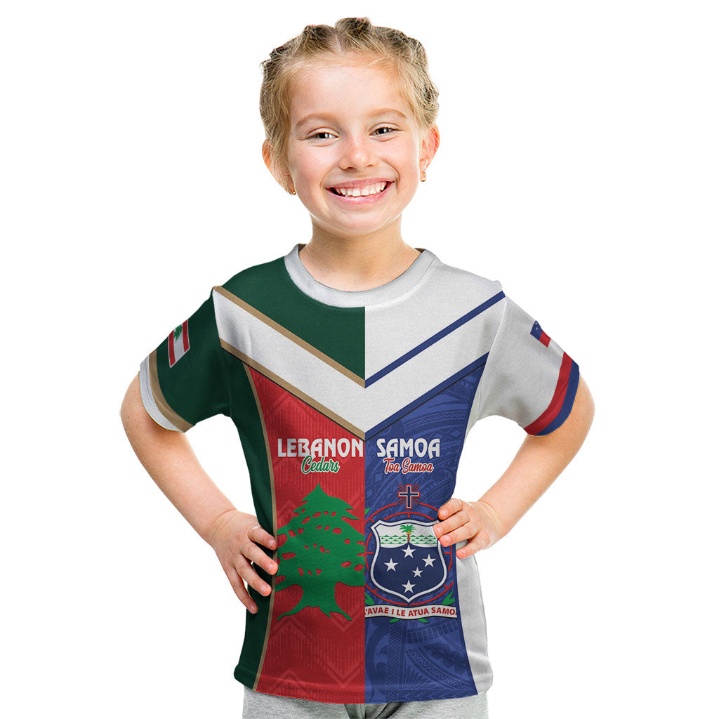 Custom Rugby Samoa and Lebanon Kid T Shirt Toa Samoa Cedars Together LT14 Multicolor - Polynesian Pride