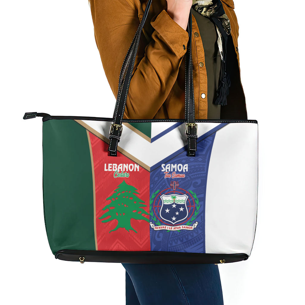 Rugby Samoa and Lebanon Leather Tote Bag Toa Samoa Cedars Together LT14 - Polynesian Pride