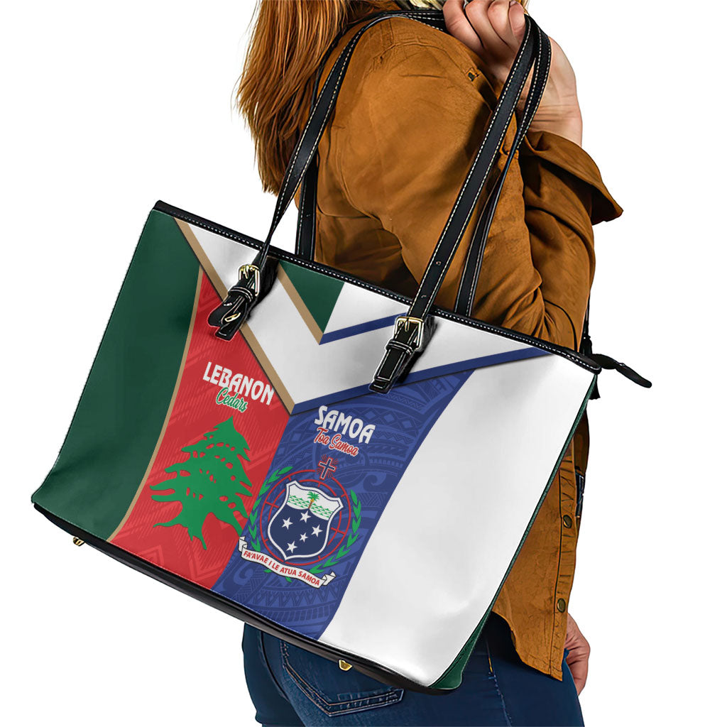 Rugby Samoa and Lebanon Leather Tote Bag Toa Samoa Cedars Together LT14 - Polynesian Pride