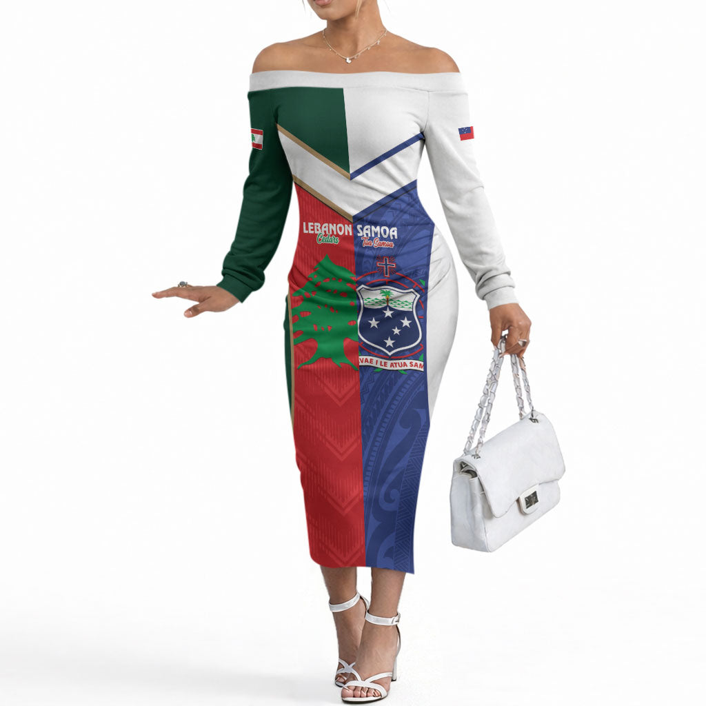 Custom Rugby Samoa and Lebanon Off The Shoulder Long Sleeve Dress Toa Samoa Cedars Together LT14 Women Multicolor - Polynesian Pride