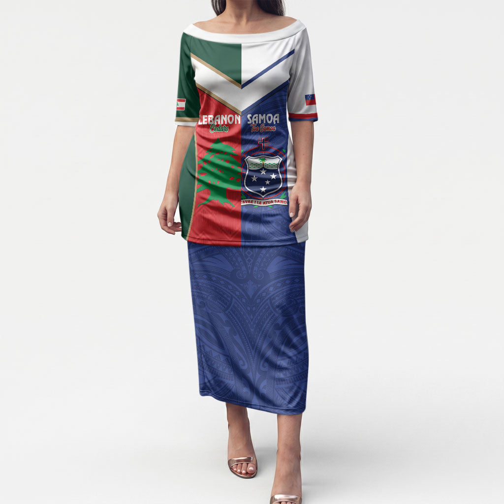 Custom Rugby Samoa and Lebanon Puletasi Toa Samoa Cedars Together LT14 Long Dress Multicolor - Polynesian Pride