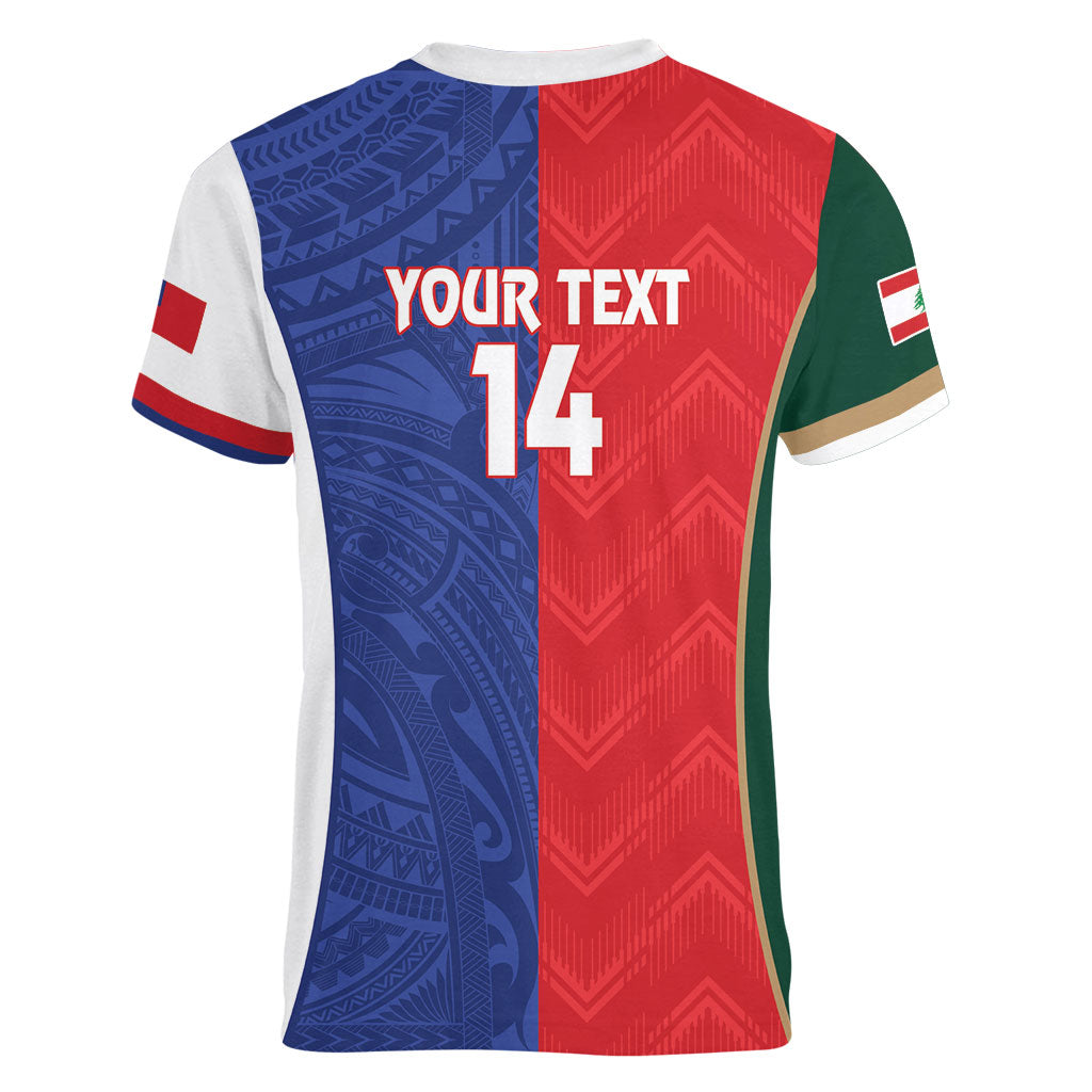 Custom Rugby Samoa and Lebanon Women V-Neck T-Shirt Toa Samoa Cedars Together LT14 - Polynesian Pride