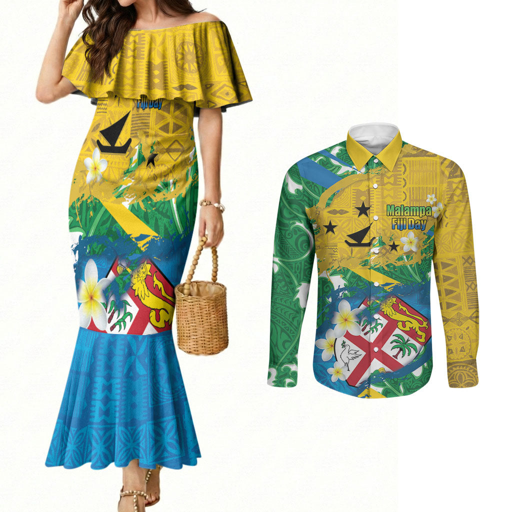 Malampa Fiji Day Couples Matching Mermaid Dress and Long Sleeve Button Shirt 10 October Together We Grow Grunge Tapa Motifs LT14 Multicolor - Polynesian Pride