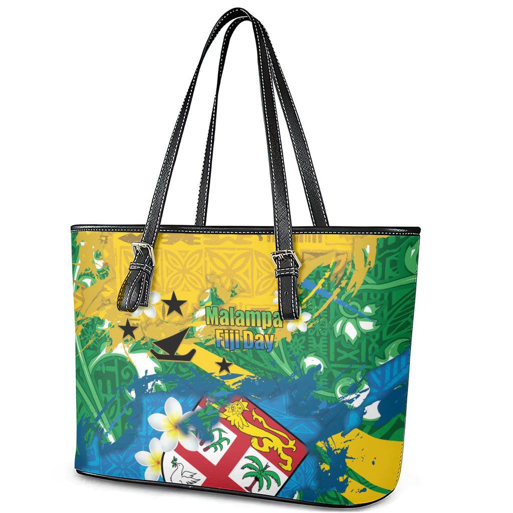 Malampa Fiji Day Leather Tote Bag 10 October Together We Grow Grunge Tapa Motifs LT14 - Polynesian Pride