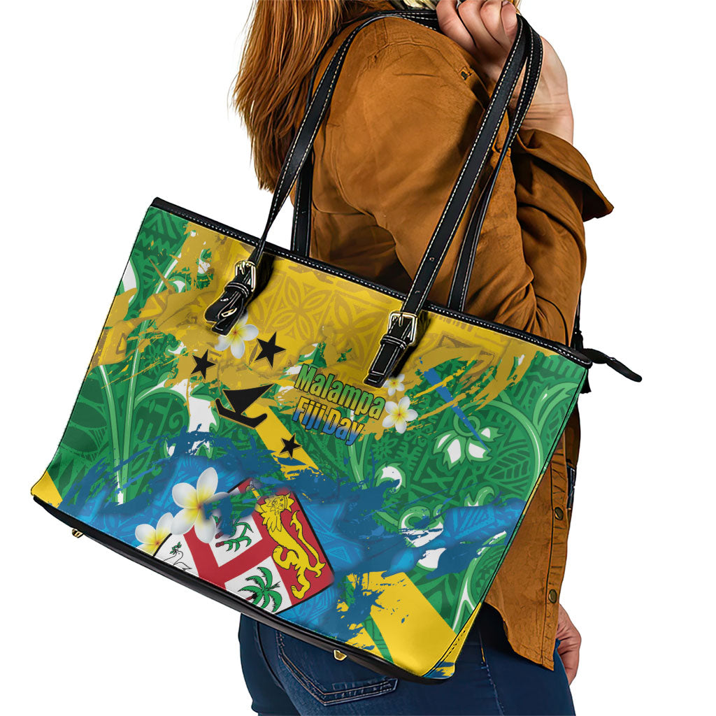 Malampa Fiji Day Leather Tote Bag 10 October Together We Grow Grunge Tapa Motifs LT14 - Polynesian Pride