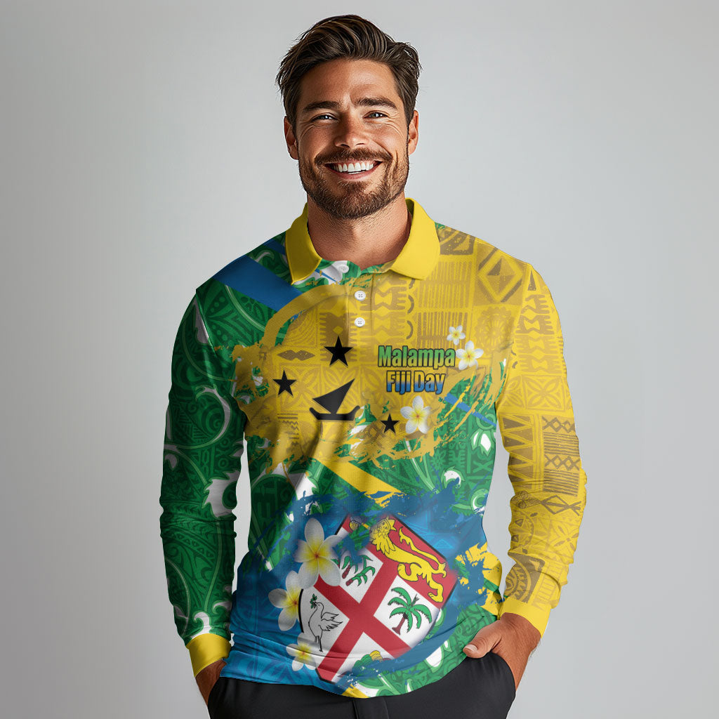 Malampa Fiji Day Long Sleeve Polo Shirt 10 October Together We Grow Grunge Tapa Motifs LT14 - Polynesian Pride