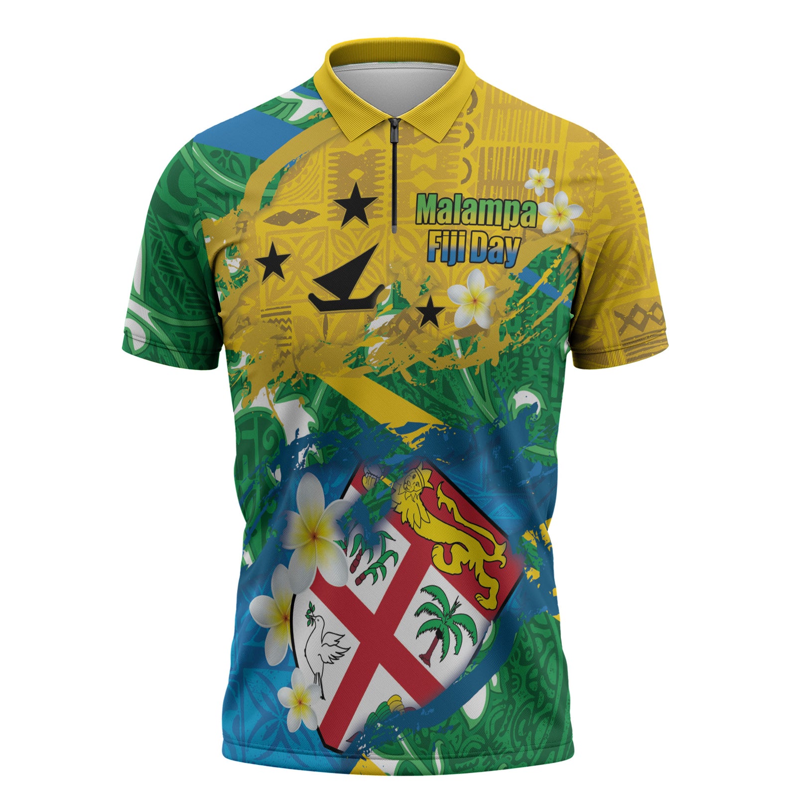 Malampa Fiji Day Zipper Polo Shirt 10 October Together We Grow Grunge Tapa Motifs LT14 Multicolor - Polynesian Pride