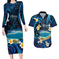 French Polynesia Tetiaroa Atoll Couples Matching Long Sleeve Bodycon Dress and Hawaiian Shirt Polynesian Curves Style LT14 Blue - Polynesian Pride