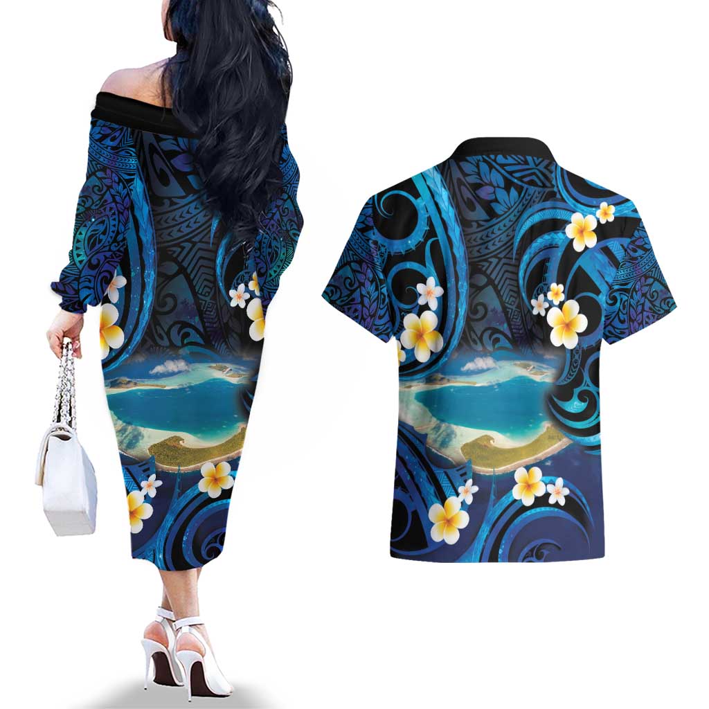 French Polynesia Tetiaroa Atoll Couples Matching Off The Shoulder Long Sleeve Dress and Hawaiian Shirt Polynesian Curves Style LT14 - Polynesian Pride