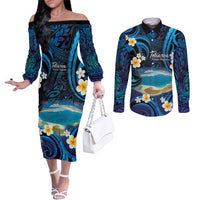 French Polynesia Tetiaroa Atoll Couples Matching Off The Shoulder Long Sleeve Dress and Long Sleeve Button Shirt Polynesian Curves Style LT14 Blue - Polynesian Pride