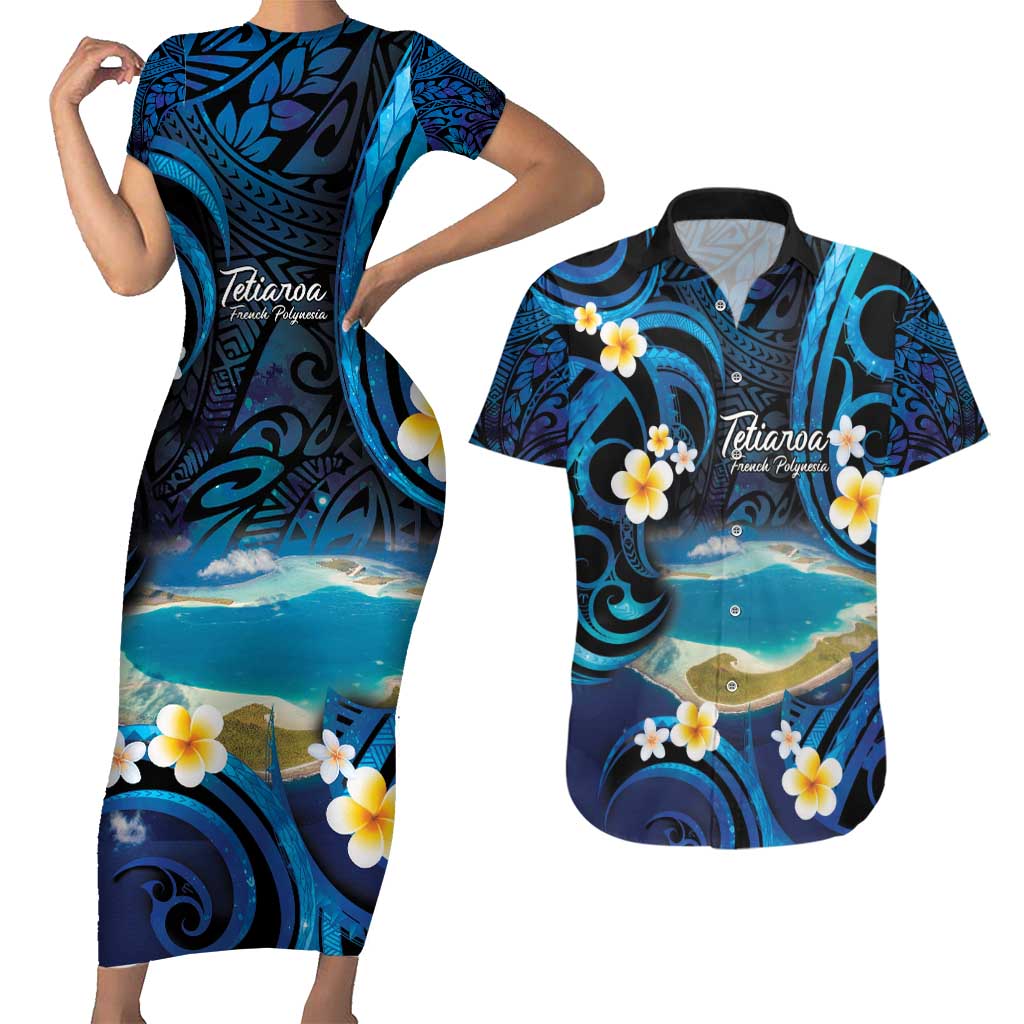 French Polynesia Tetiaroa Atoll Couples Matching Short Sleeve Bodycon Dress and Hawaiian Shirt Polynesian Curves Style LT14 Blue - Polynesian Pride