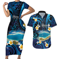 French Polynesia Tetiaroa Atoll Couples Matching Short Sleeve Bodycon Dress and Hawaiian Shirt Polynesian Curves Style LT14 Blue - Polynesian Pride