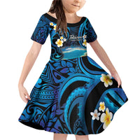 French Polynesia Tetiaroa Atoll Family Matching Off Shoulder Short Dress and Hawaiian Shirt Polynesian Curves Style LT14 Daughter's Dress Blue - Polynesian Pride