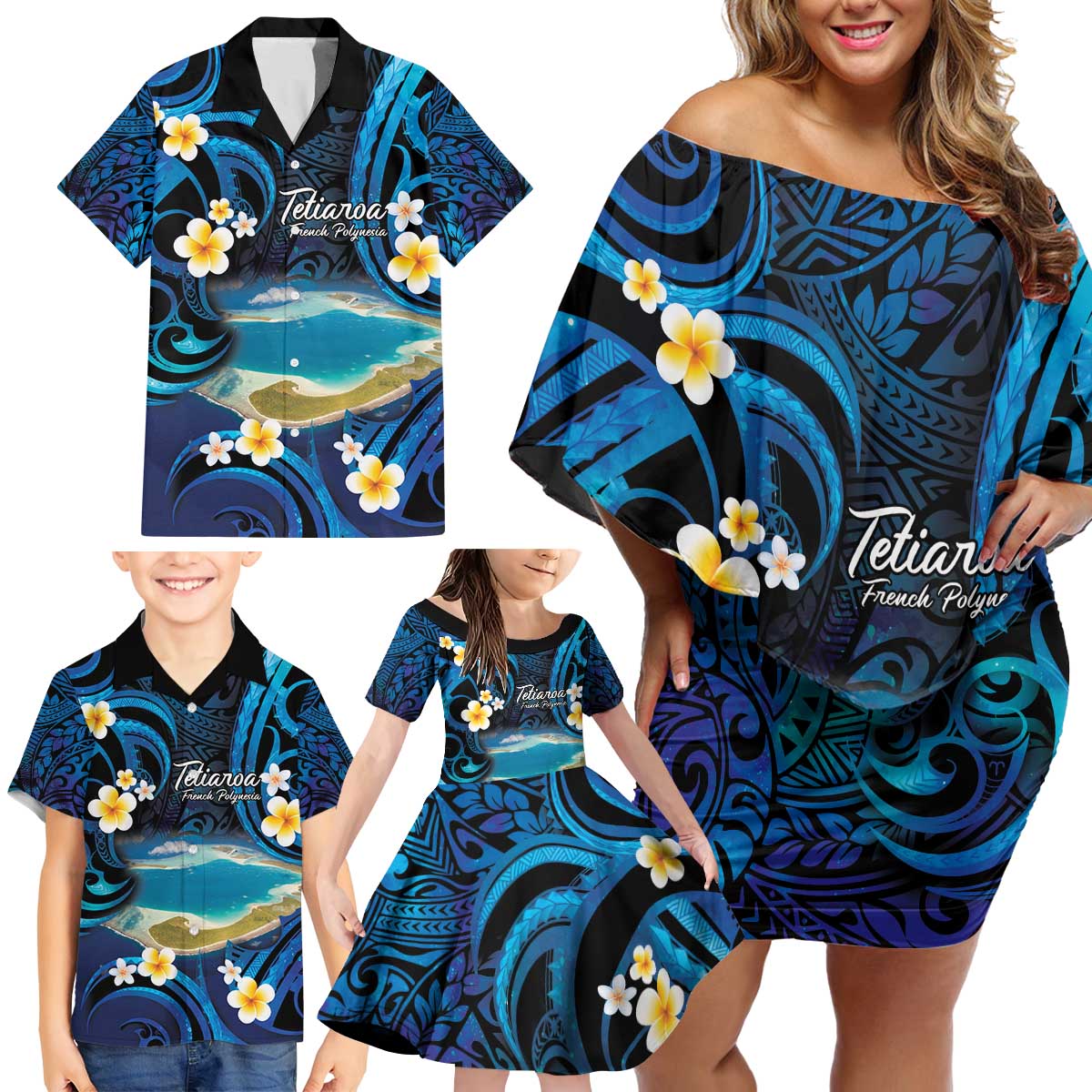 French Polynesia Tetiaroa Atoll Family Matching Off Shoulder Short Dress and Hawaiian Shirt Polynesian Curves Style LT14 - Polynesian Pride