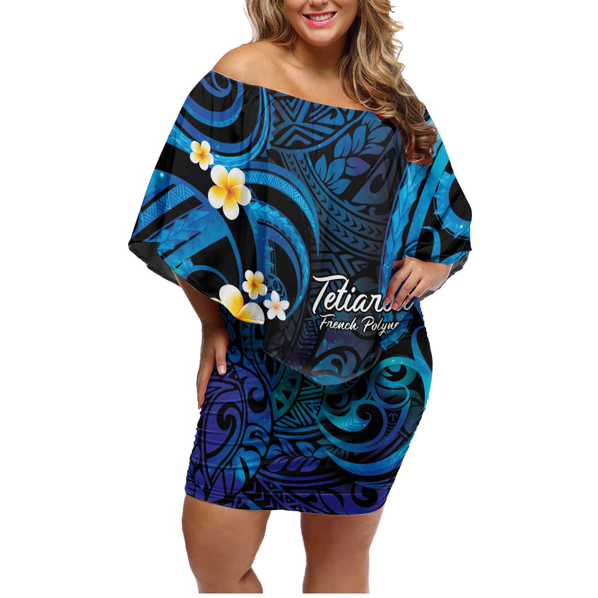 French Polynesia Tetiaroa Atoll Family Matching Off Shoulder Short Dress and Hawaiian Shirt Polynesian Curves Style LT14 Mom's Dress Blue - Polynesian Pride