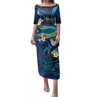 French Polynesia Tetiaroa Atoll Family Matching Puletasi and Hawaiian Shirt Polynesian Curves Style LT14 Mom's Dress Blue - Polynesian Pride