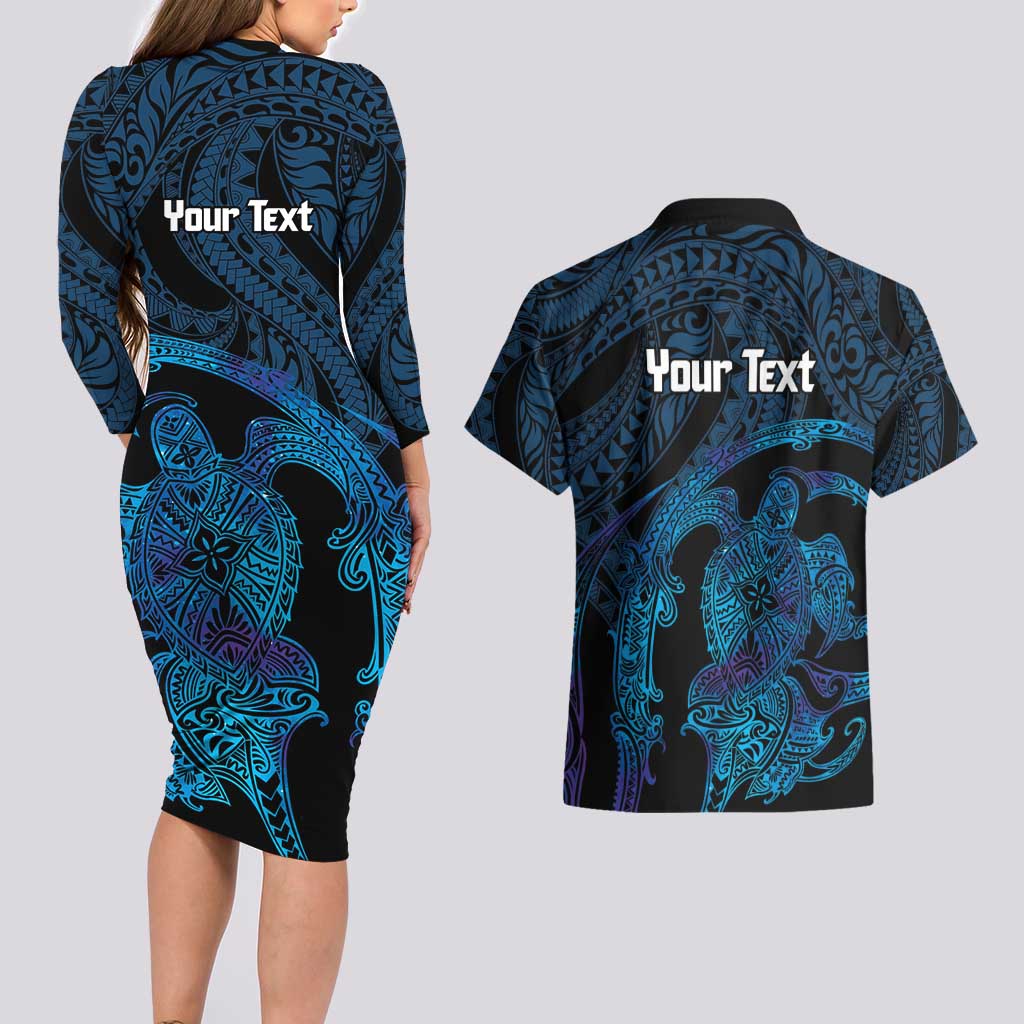 Personalised Tahiti Moorea Atoll Couples Matching Long Sleeve Bodycon Dress and Hawaiian Shirt Polynesian Sea Turtle LT14 - Polynesian Pride